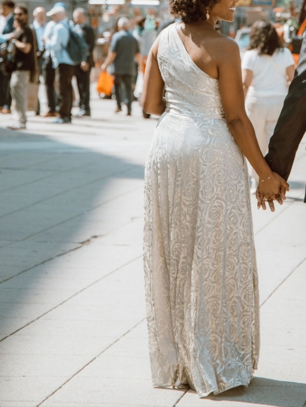 One-Shoulder Cream Brocade Evening Gown - Picture 4 of 10